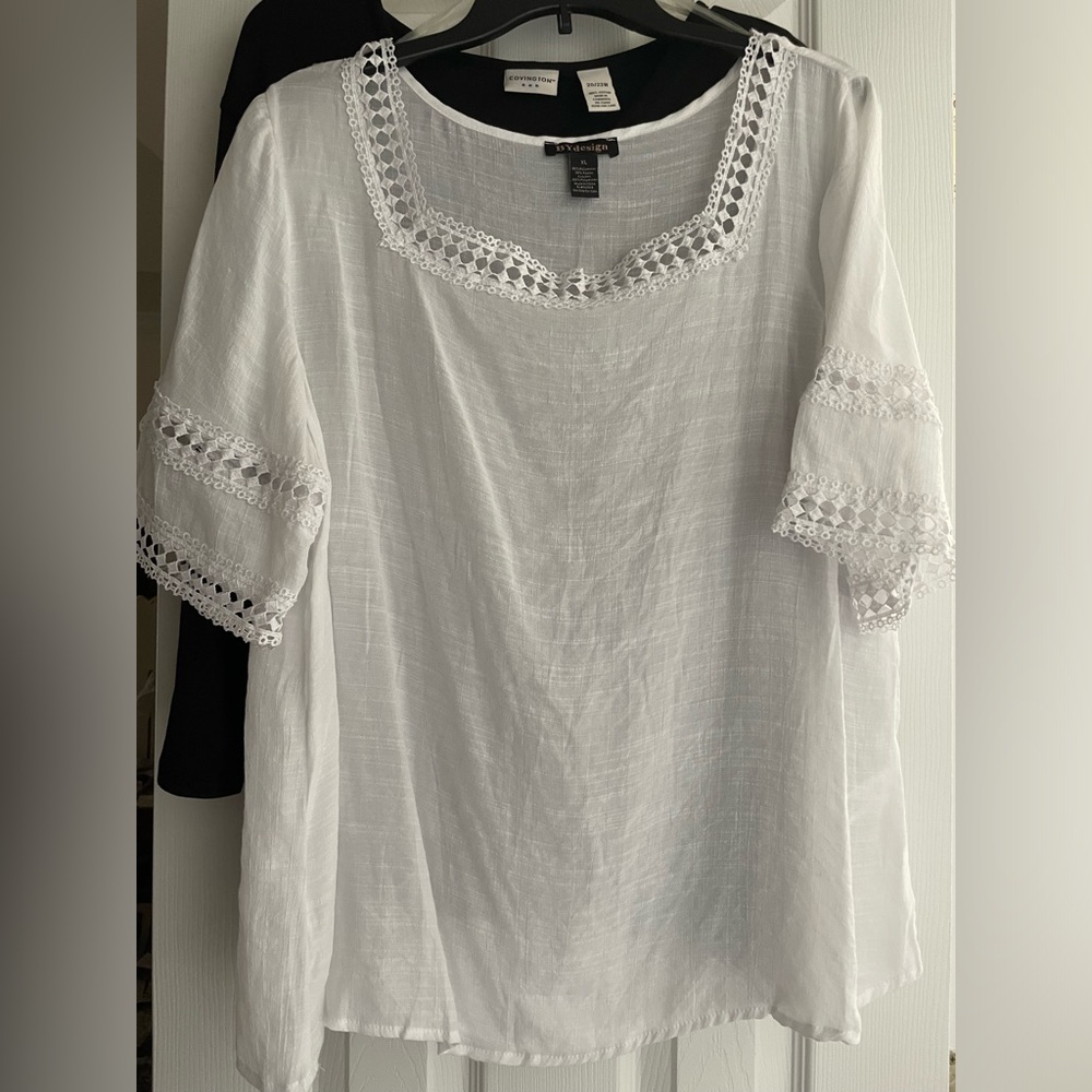Plus XL Semisheer white blouse, crochet trim collar, never worn